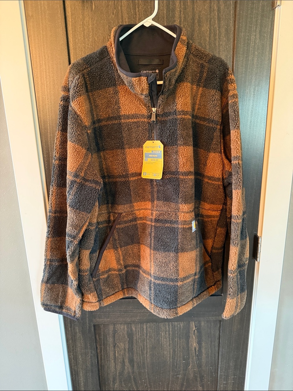 Carhartt Men's Plaid Sherpa Half-Zip Pullover in Brown and Gray